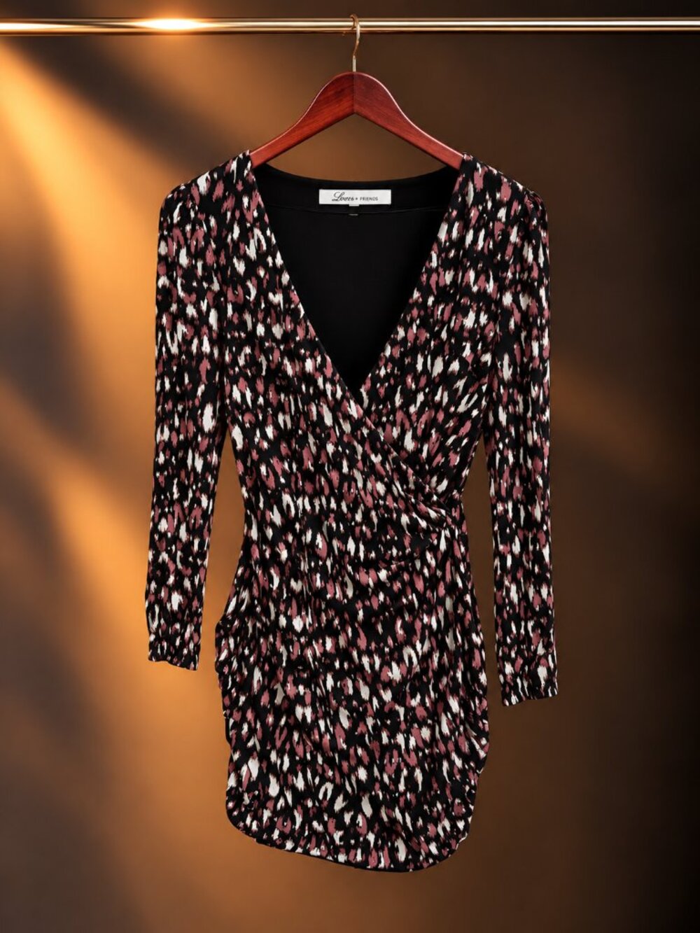 Lovers + Friends Joleen Wrap Mini Dress Black Pink Animal Print Size S NWT